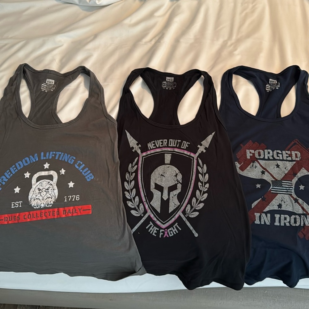 Set of 3 XS “The Lift Box” workout tank tops. EUC